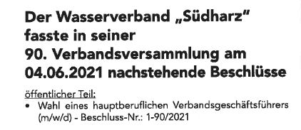 Auszug aus dem Amtsblatt des Wasserverbandes „Südharz“
