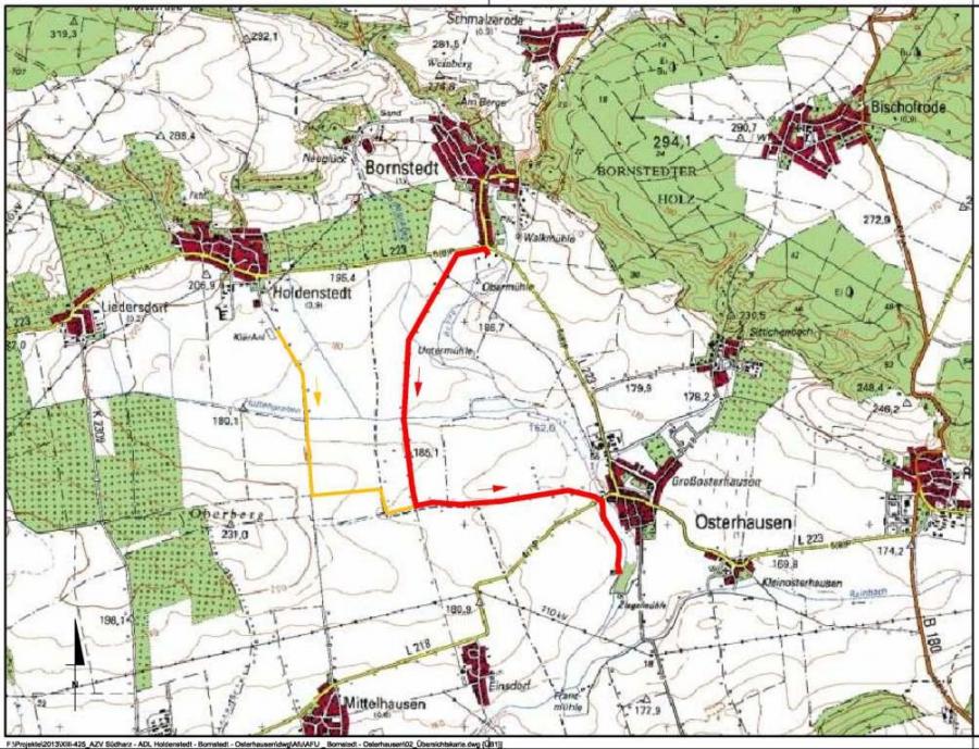 Übersichtskarte für die Abwasserverbindungsleitung zwischen Bornstedt und Osterhausen